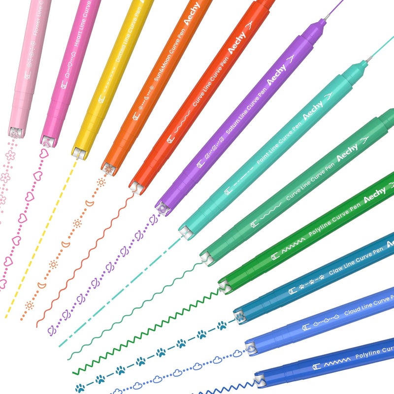 AECHY 12Pcs Dual Tip Markers Pens for Note Taking, Curve Highlighter with 10 Different Curv Shapes & 12 Colors Fine Lines, Colored Curve Pen for Students,Planners,Teachers, Scrapbook Supplies - Image 1